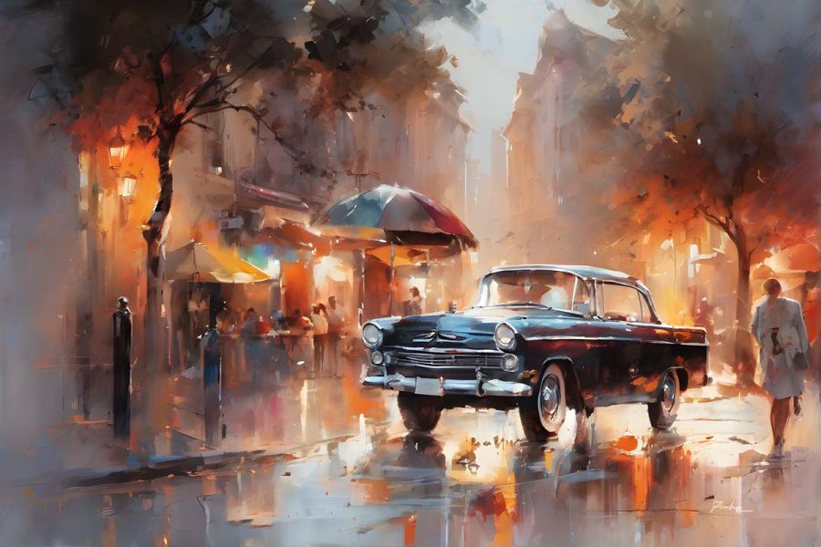 Horizontal painting of an Opel Rekord P1 in a nostalgic café street scene – everyday poetry in warm urban light