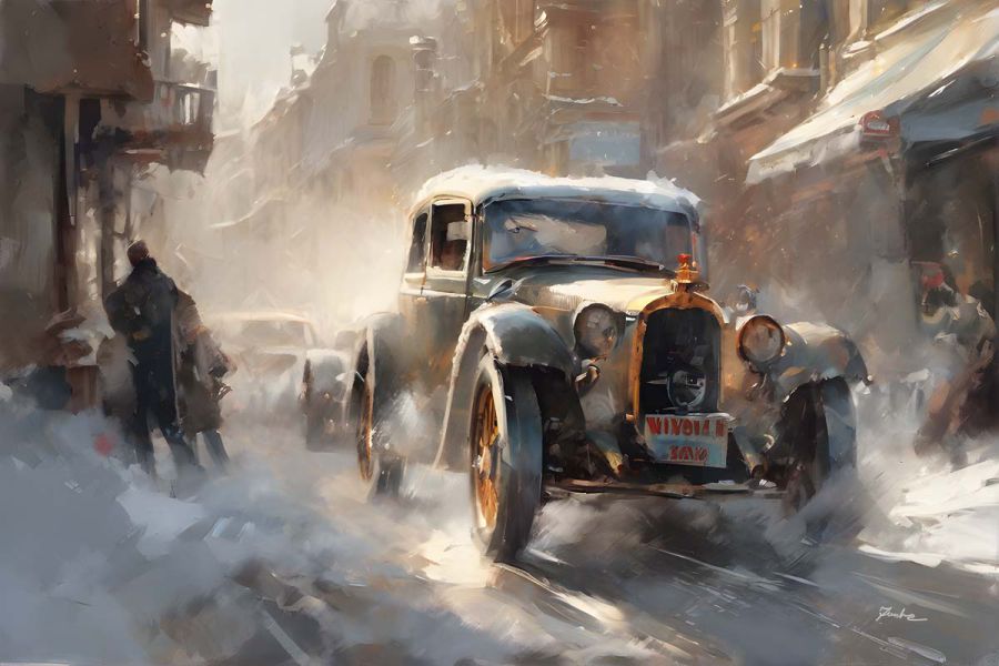Horizontal painting of a 1920s-style vintage car in a golden snowstorm – legacy in motion through time and frost