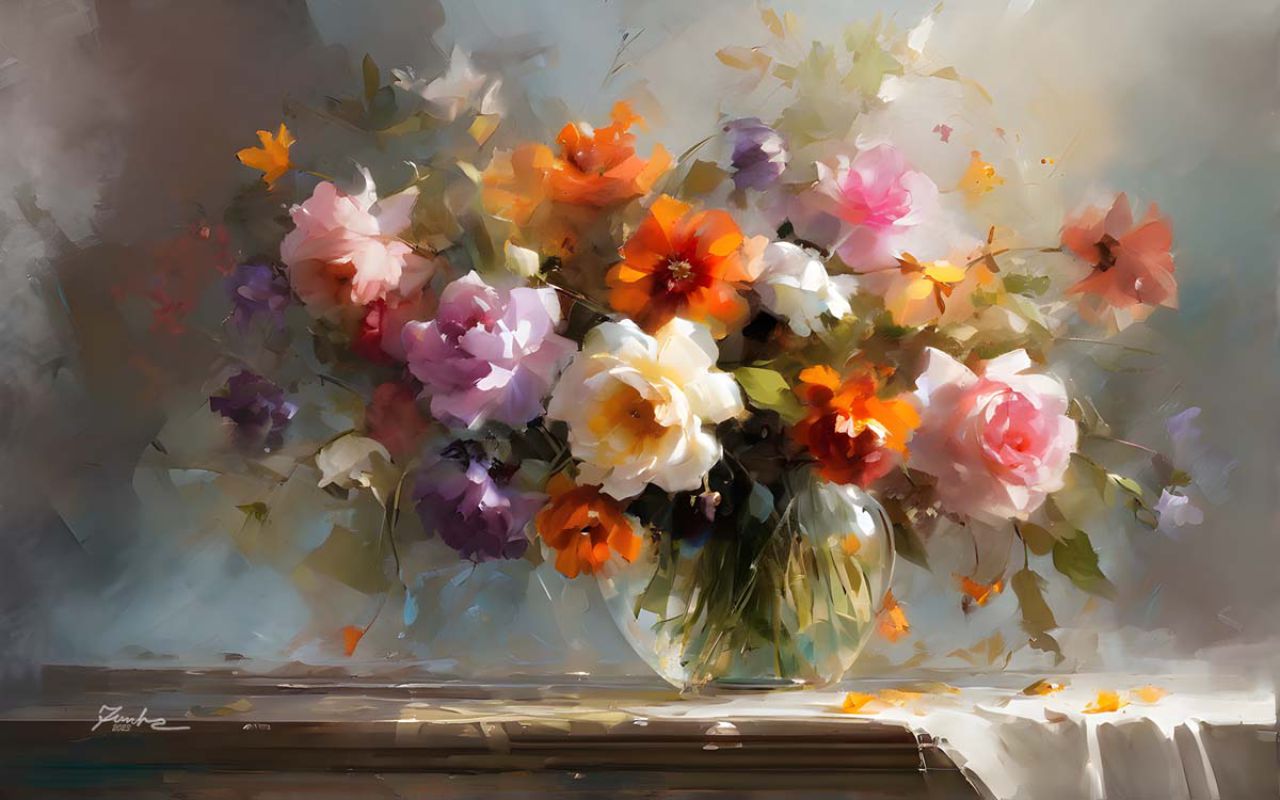 A vibrant bouquet in a glass vase