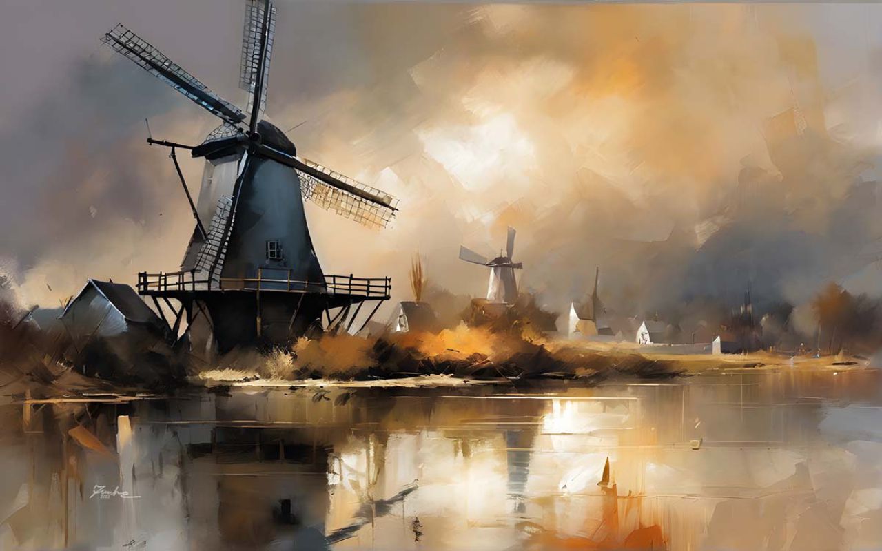 Dutch windmills by the river