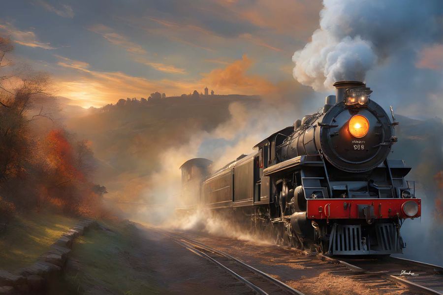Horizontal painting of a classic steam locomotive in an autumn landscape – nostalgia, journey and golden morning light