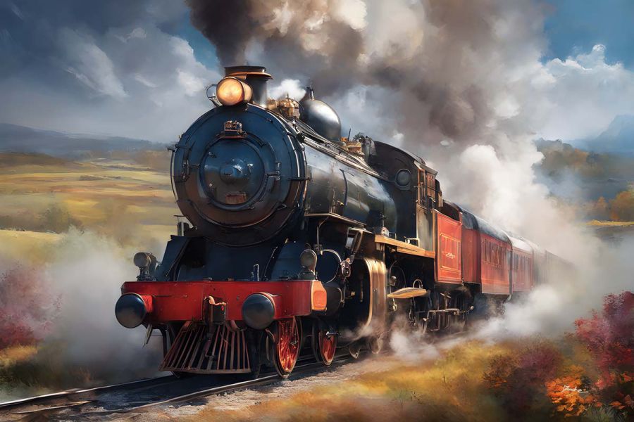 Horizontal painting of a classic steam locomotive in an autumn landscape – nostalgia, journey and golden morning light