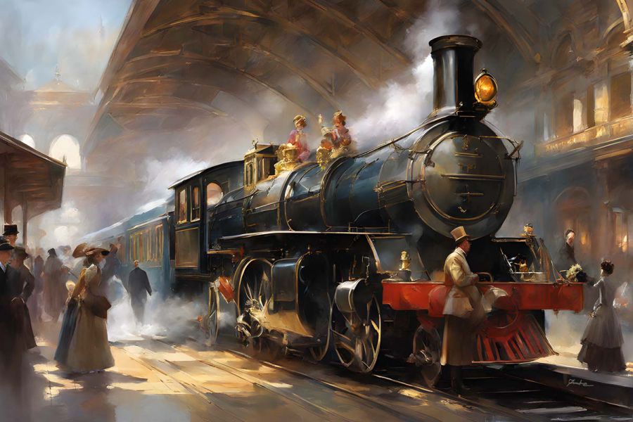 Horizontal painting of a historic steam locomotive in an elegant station – heritage, glamour and golden railway nostalgia