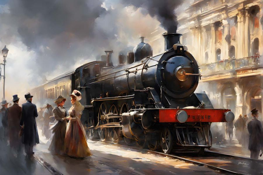 Horizontal painting of a historic steam locomotive in an elegant station – heritage, glamour and golden railway nostalgia