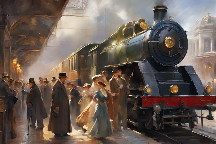 Horizontal painting of a historic steam locomotive in an elegant station – heritage, glamour and golden railway nostalgia